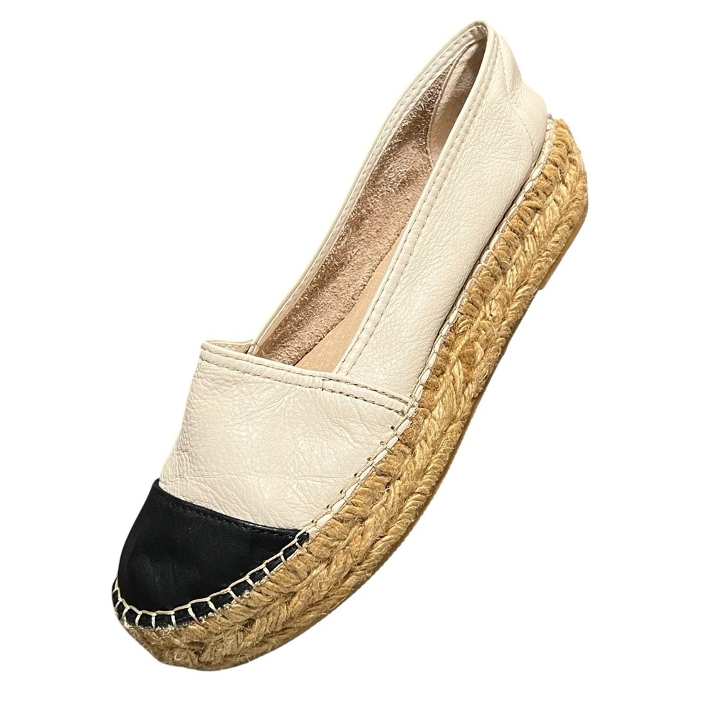 Macarena Leather Espadrille Platform Flats‎ 39 US 9 Ivory Black Comfort Classic